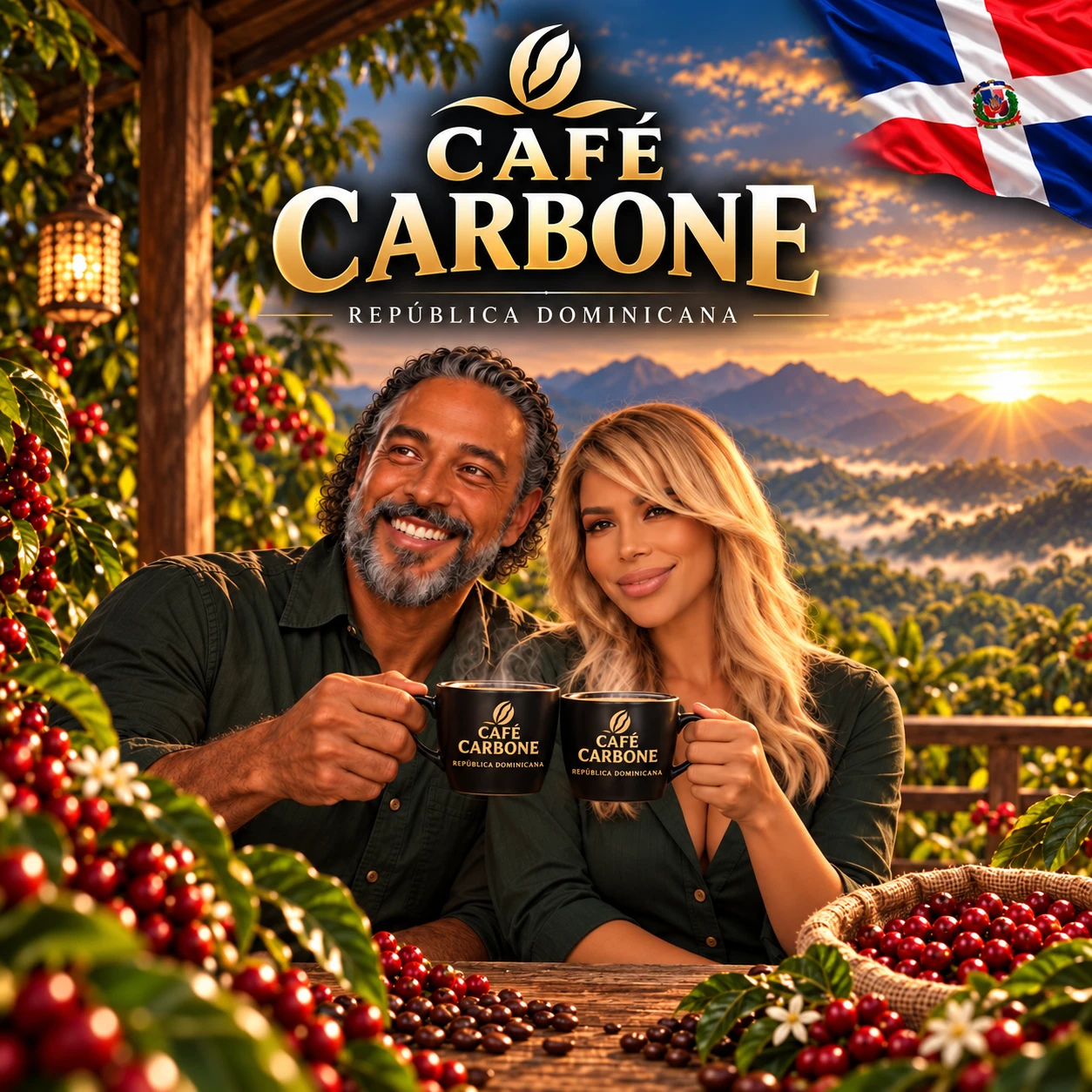 Una pareja comparte Café Carbone frente a las montañas dominicanas